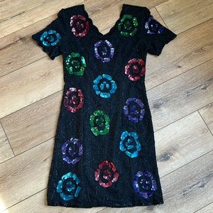Vintage Styleworks 90s Floral Print Dress Silk Sequins Black Dress 8